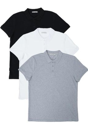 Erkek Regular Fit Polo Yaka 3lü T-shirt Beyaz-gri-siyah 348PLST