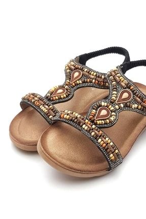 22y100-5 Kadın Boncuk Taş Işlemeli Comfort Düz Günlük Sandalet PTN.GUJA.22Y100-5