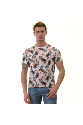 Beyaz Üzerine Ananas Ve Renkli Geometrik Baskı Bisiklet Yaka Erkek Tişört Pamuk Penye T-shirt MT0288