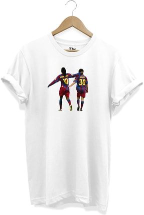 Beyaz Unisex Messi Ve Ronaldinho Futbol Baskılı Kısa Kollu T-shirt TB0BT142