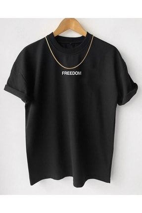 Erkek Siyah Freedom Baskılı Oversize Bisiklet Yaka Kısa Kollu T-shirt ufktsrt-167