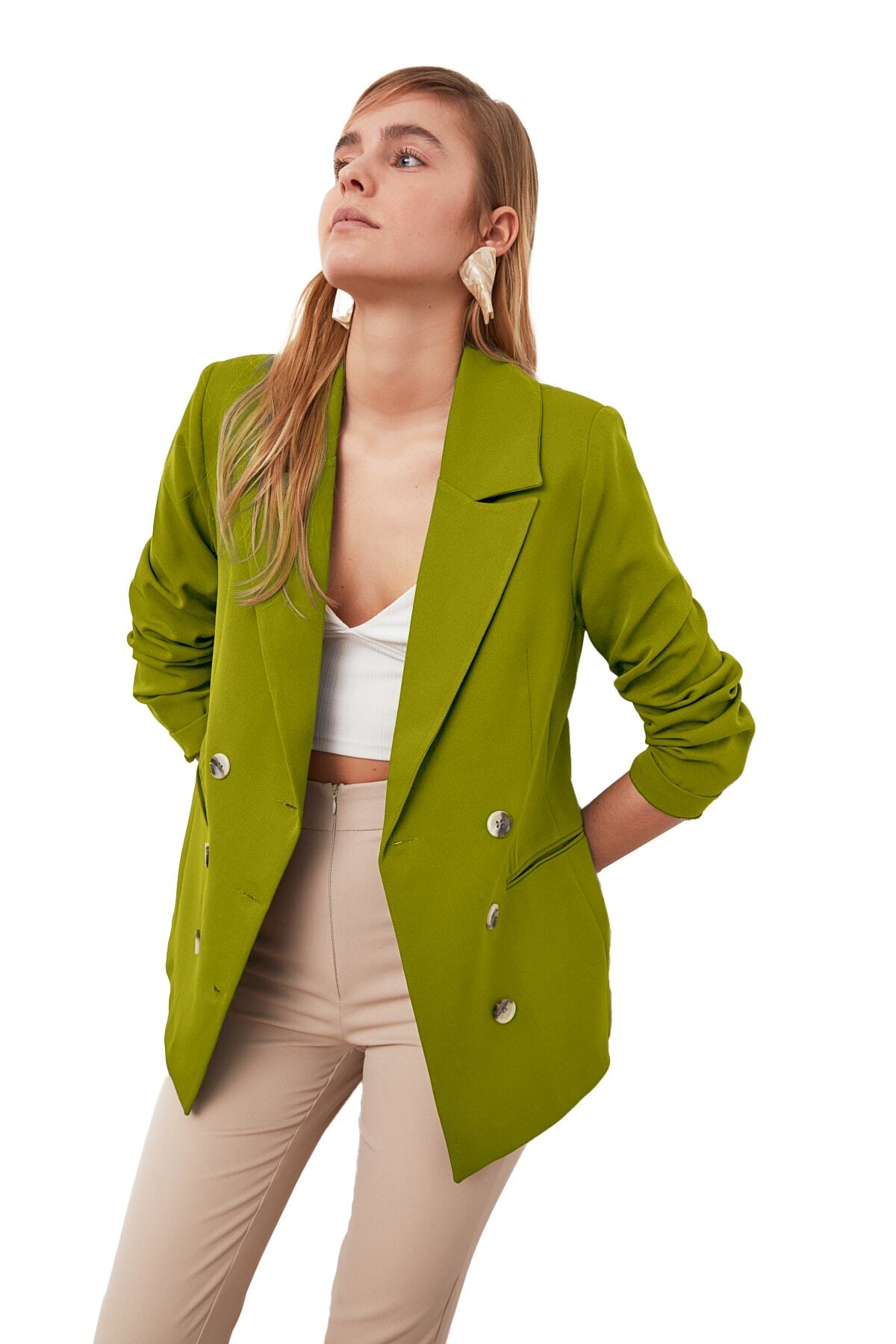 Trendyol Collection-Двобортний тканий піджак на підкладці з застібкою TWOSS21CE0029 хакі Regular на підкладці з капюшоном TWOSS21CE0029 13