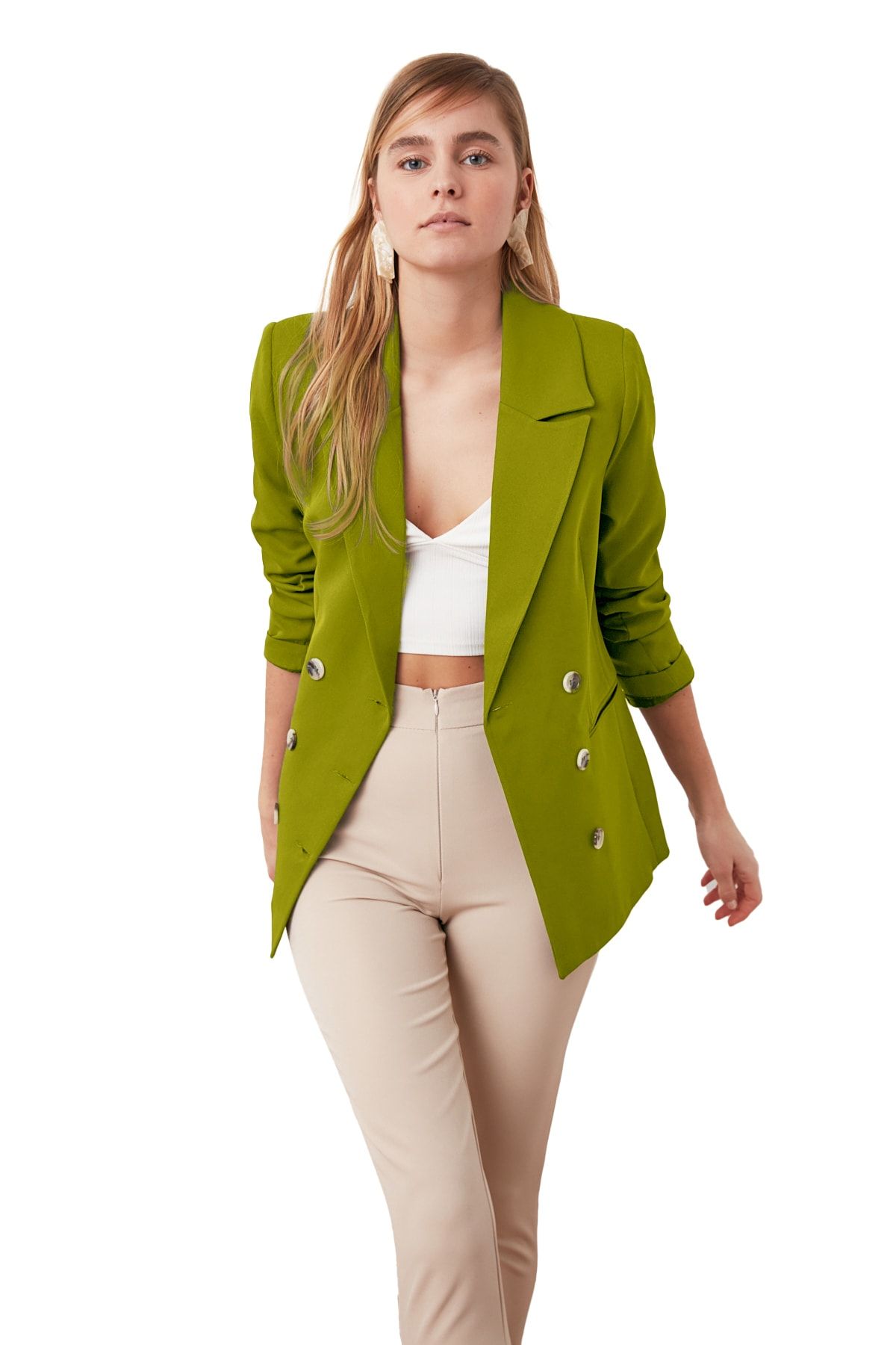 Trendyol Collection-Двобортний тканий піджак на підкладці з застібкою TWOSS21CE0029 хакі Regular на підкладці з капюшоном TWOSS21CE0029 14