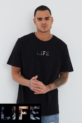 Erkek Life Baskılı Siyah Oversize T-shirt FN169