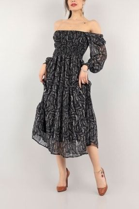 Son Moda Siyah Bel Ve Kol Gipeli Astarlı Şifon Elbise 410593