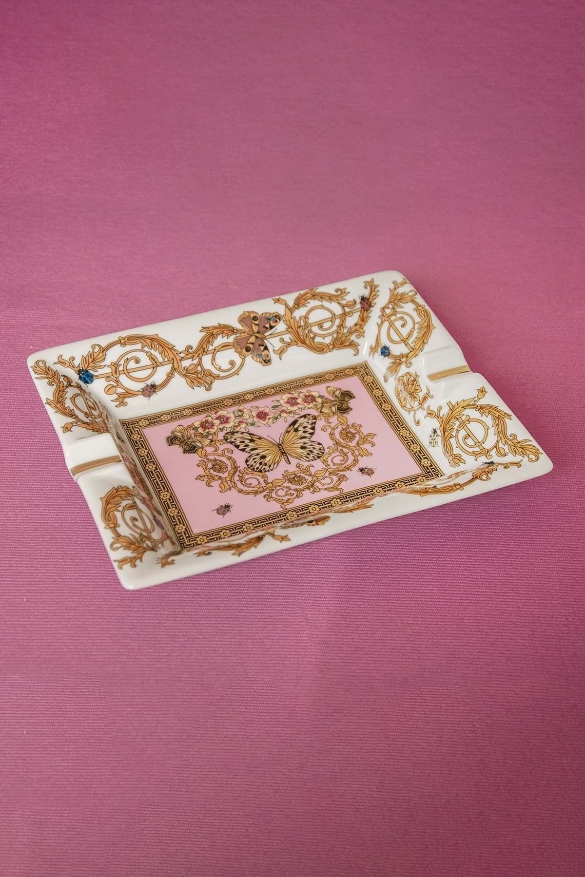 Bursa Porselen Dekor-Pink Butterfly Gold Gilded Large Size Porcelain Ash Tray 2