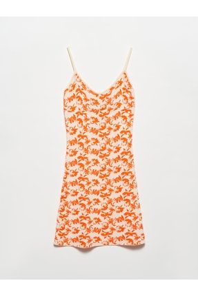 90119 Desenli Askılı Triko Elbise-turuncu 101A90119