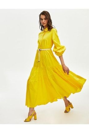 Kemerli Balon Kol Elbise Sarı KA-B22-23037