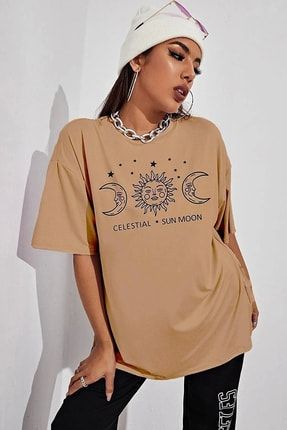 Vizon Ay Ve Güneş Baskılı Oversize Kadın T-shirt 000000000037
