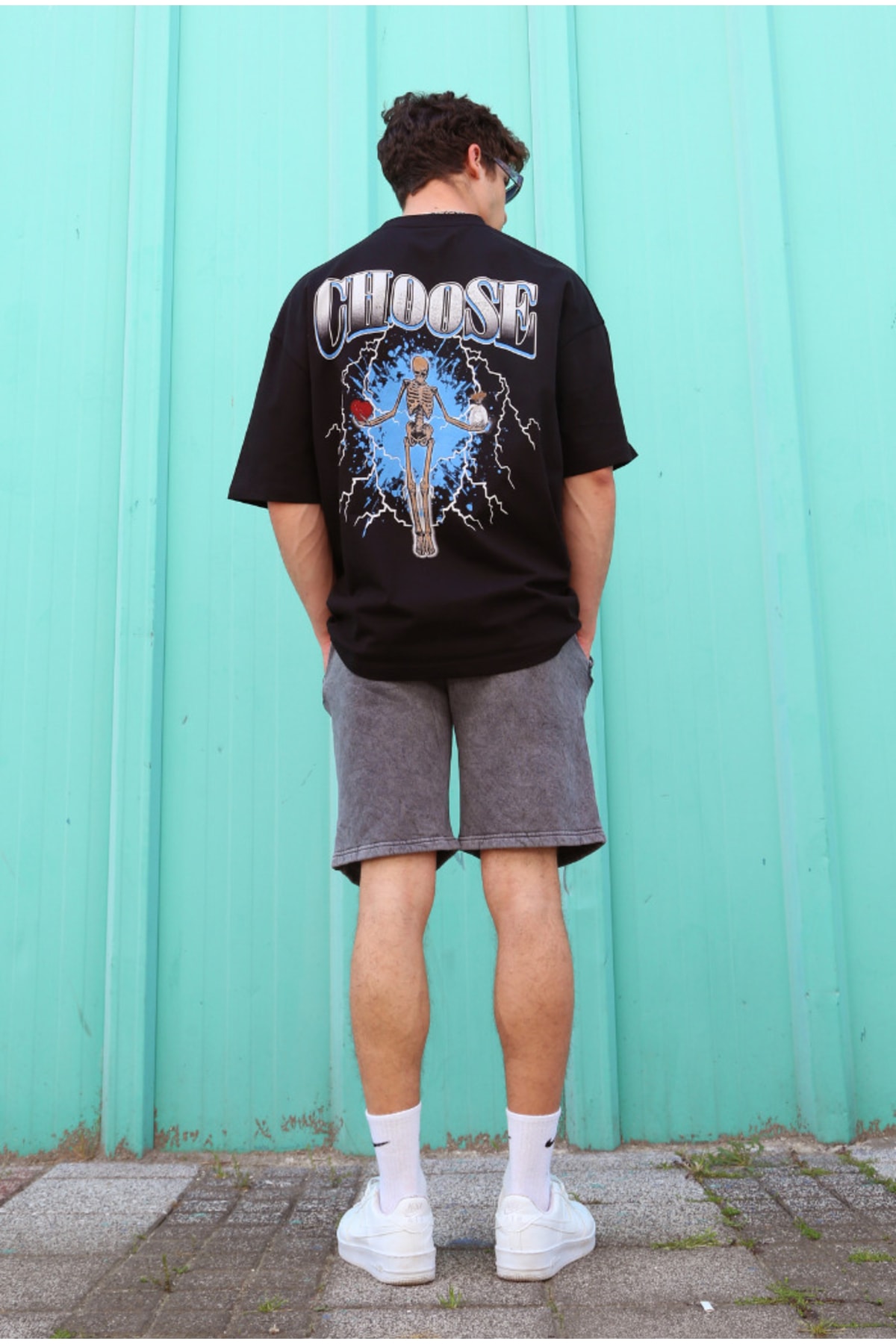 Choose Sırt Iskelet Baskılı Oversize %100 Pamuk Siyah T-shirt