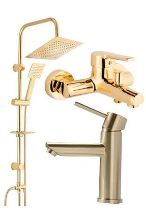 Kca Gold Altın Kare Robot Duş Seti, Kartal Lavabo Ve Banyo Bataryası Musluğu Çeşmesi 3'lü Set Kcagldkrrbtkrtllvbbny