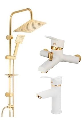 Gold Altın Kare Robot Duş Seti, Beyaz Gold Kartal Lavabo Ve Banyo Bataryası Musluğu 3'lü Set Kcakrgldrbtdşdtbyzgldkrtllvbbny