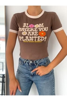 Kadın Bloom Baskı Detaylı Crop T-shirt TYC00477061137