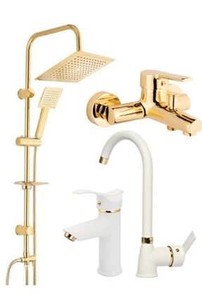 Kare Robot Duş Sistemi Gold Banyo Beyaz Mutfak Eviye Beyaz Kartal Lavabo Musluğu Bataryası 4’lü Set BEYAZ SET GOLD KARE 17