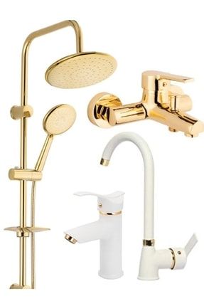 Gold Robot Duş Sistemi Gold Banyo Beyaz Mutfak Eviye Beyaz Kartal Lavabo Musluğu Bataryası 4’lü Set BEYAZ SET GOLD YVR 17