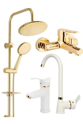 Gold Robot Duş Sistemi Gold Banyo Beyaz Mutfak Eviye Beyaz Kartal Lavabo Musluğu Bataryası 4’lü Set BEYAZ SET GOLD YVR 17