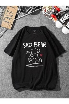 Unisex Siyah Oversize Sad Bear Baskılı T-shirt sadbear-1