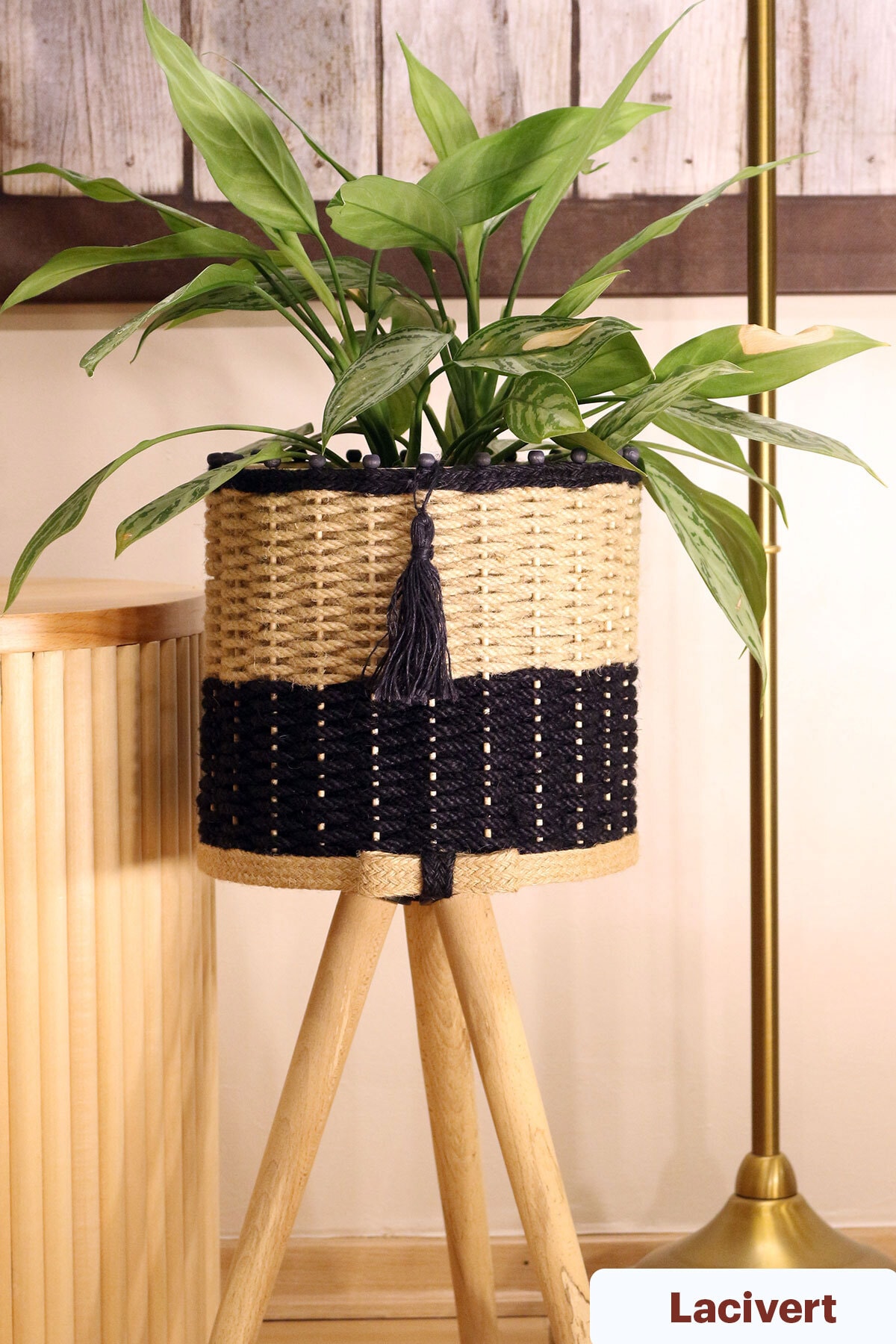 Jute Knit Wicker Basket Wooden Flower Pot 36cm Foot Navy Blue