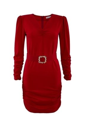 Kadın Drapeli Kemerli Gece Elbisesi OZEL7001