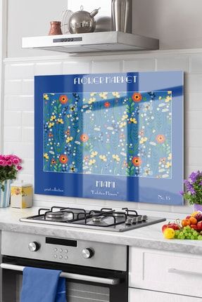 Premium Mutfak Cam Ocak Arkası Koruyucu Tezgah Ankastre Arkası Koruyucu 50x50cm | Çiçek Mavi Sanat OLNPACAMTABLO099