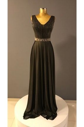Kadın Gold Siyah Renk Tül Kumaş Beli Taşlı Uzun Abiye Elbise Trendabiye K:209/gs MESSİNA 209
