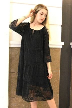 Kadın Siyah Kayık Yaka Dantel Elbise 1499195