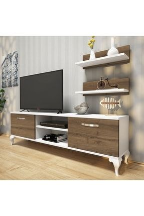 Rani A4 Duvar Raflı Tv Sehpası Kitaplıklı Tv Ünitesi Modern Ayaklı Tasarım Beyaz - Hitit Ceviz 55