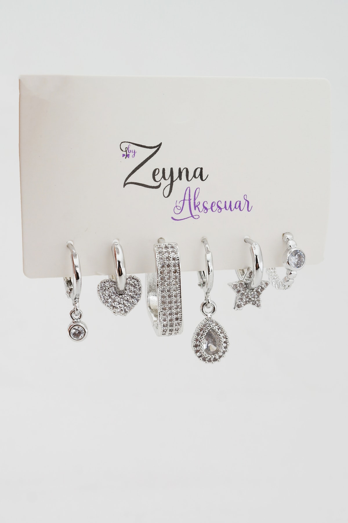 By Zeyna Aksesuar Kadın Gümüş Renk Yıldız Ve Kalp Figürlü Helix 6 Lı Küpe Seti