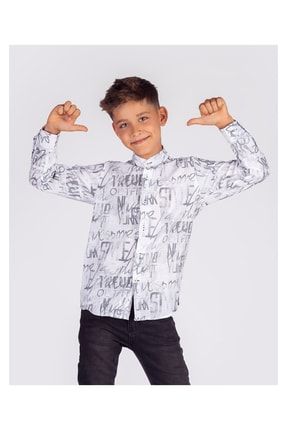 Erkek Çocuk Beyaz Yazılı Desen Pamuklu Kumaş Hakim Yaka Regular Fit Gömlek kids400
