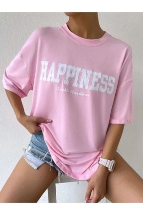 Happiness Baskılı Pembe Oversize T-shirt heppi20