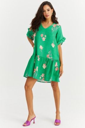 Kadın Yeşil Çiçekli Keten Elbise MU142