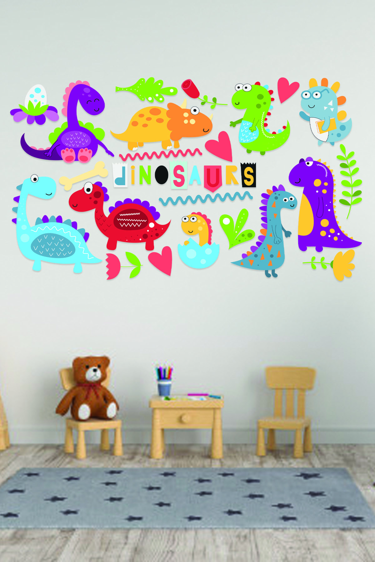 Minik Dinazorlar Çocuk Odası Duvar Sticker Seti 95x55 Cm