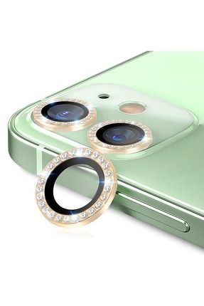 Iphone 12 Uyumlu Taşlı Kamera Lensi Koruma Camı Gold mcswrvsk12yellow