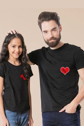Kalp Ve Anahtar Baskılı Baba Kız Tişört Kombin Siyah Pamuklu Tişört BBA-KZ-015