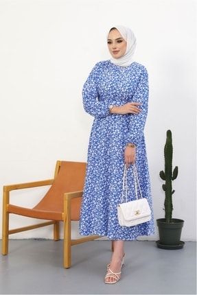 Yarasa Kol Dina Çıtır Çiçek Desen Kuşaklı Tesettür Elbise 298 - Saks Mavi CDILK0EFR298