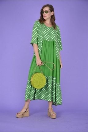 Bohem Salaş Kesim Owersize Puantiyeli Yeşil Elbise Hzn301