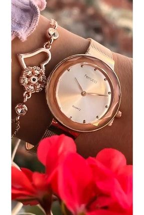 Çelik Hasır Kordon Rose Renk Kadın Kol Saati+bileklik BNCFGGGV