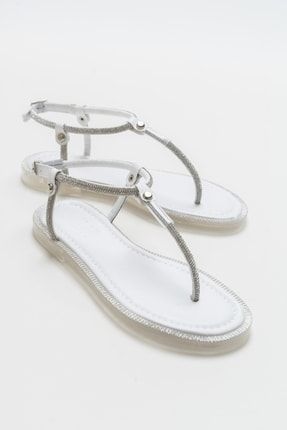 Mono Beyaz Taşlı Parmak Arası Kadın Sandalet 16-701