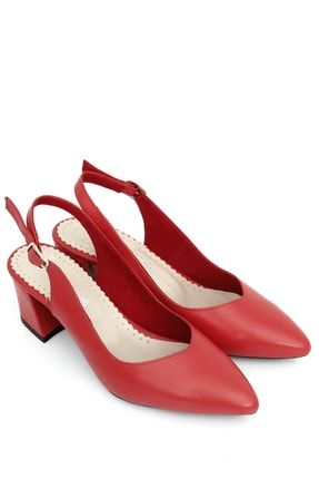 Kırmızı Antik Gön Hakiki Deri Sivri Burun Orta Kalın Topuklu Arkası Açık Kadın Yazlık Ayakkabı 24118 GYZA13424118