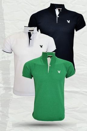 3 Adet Petek Desenli Polo Yaka Erkek Tişört (siyah -beyaz - Yeşil) RMZPKT3TST