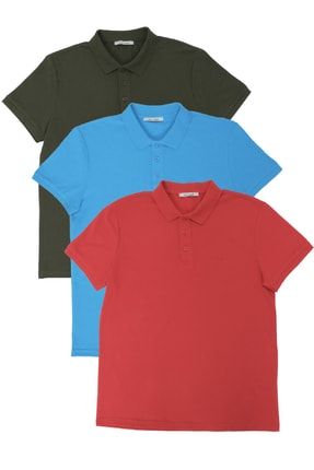 Erkek Regular Fit Polo Yaka 3lü T-shirt Kırmızı-Mavi-Haki 348PLST