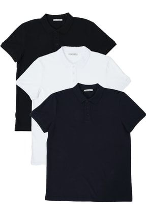 Erkek Regular Fit Polo Yaka 3lü T-shirt Beyaz-Lacivert-Siyah 348PLST