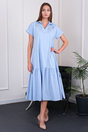 Mavi Yakası Nakış Detaylı Gömlek Yaka Eteği Büzgülü Bol Kalıp Elbise Je101611 JE101611