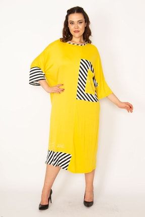 Kadın Sarı Taş Detaylı Çizgi Garnili Elbise 65n33095 65N33095