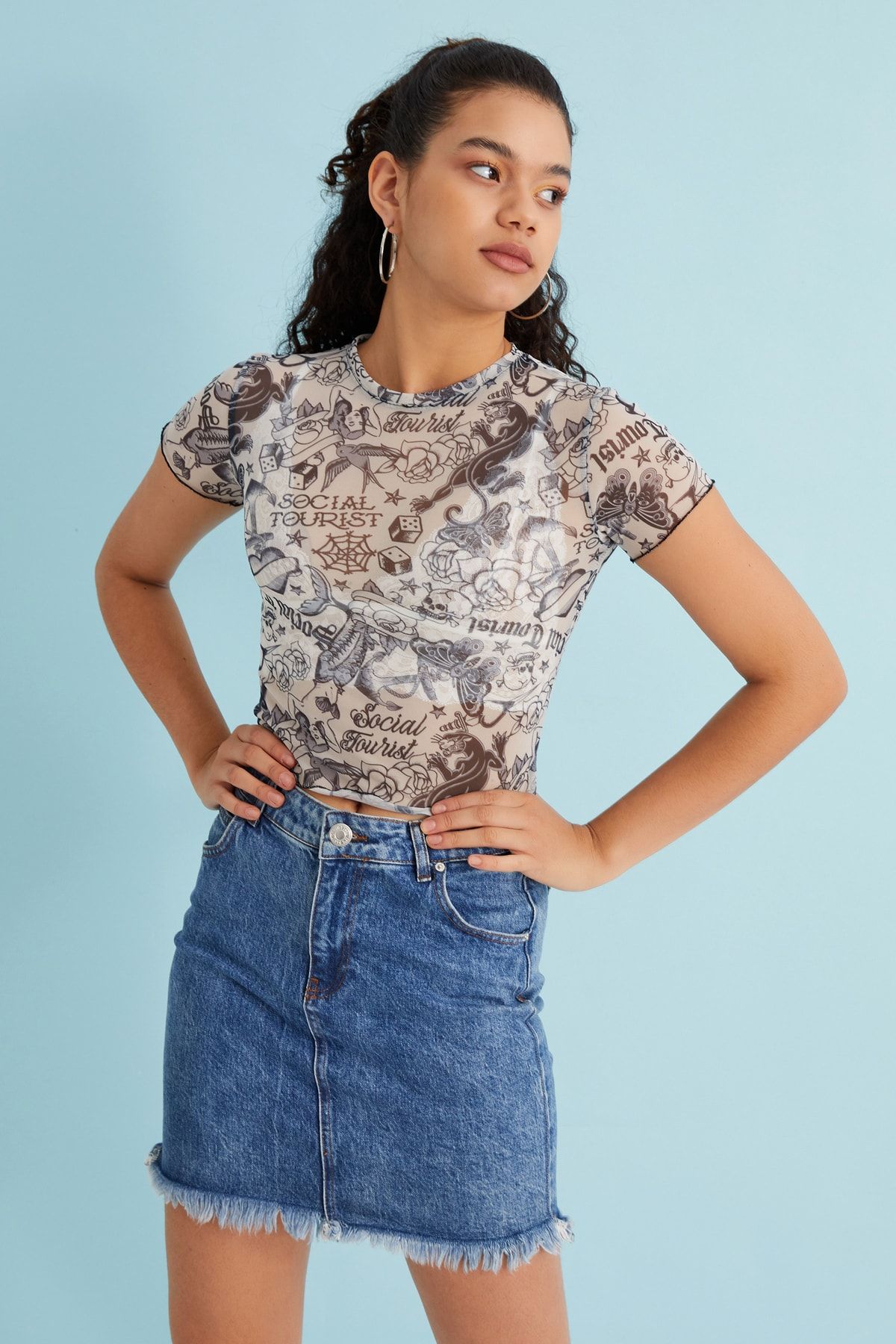 Bukamiss-Bluză transparentă din tul cu mânecă scurtă cu model de tatuaje Old School 2