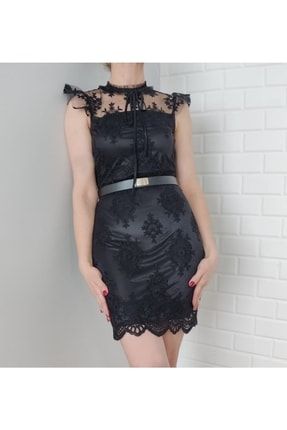 Siyah Dantel Işlemeli Deri Görünümlü Astarlı Kemerli Tasarım Şık Elbise Abiye Elbise LOOK-170-A