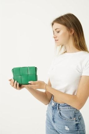 Yeşil Kadın Kalın Örme Derili Mini Çanta TAB1082