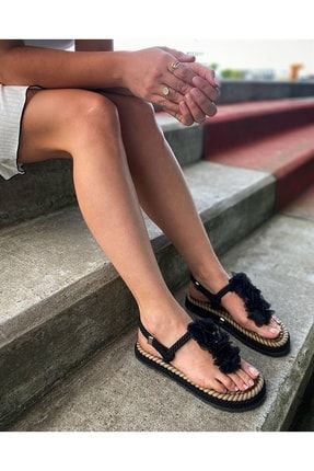 Kadın Çicekli Halat Sandalet Siyah ÇİCEKLİ HALAT SANDALET SİYAH