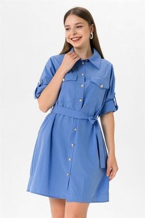Sosweet Yakalı Ve Düğmeli Kadın Elbise Mavi - 61152 22Y0161152SO