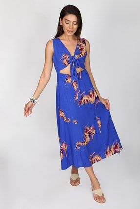 Pamuklu Viskon Denizatı Desenli Elbise Saks Mavisi TYC00476651964